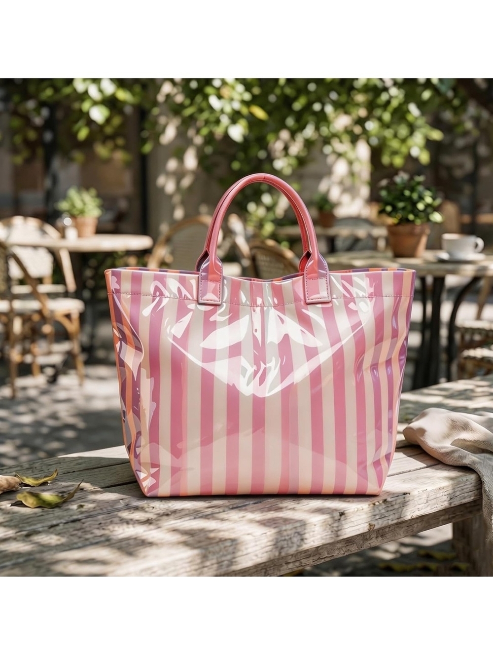 Pink Striped Glossy Tote Bag - Women